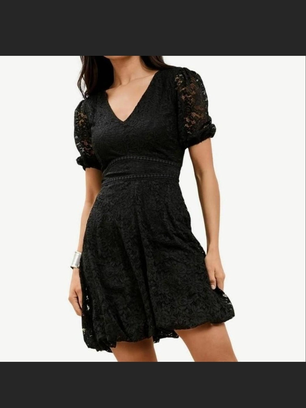 Lipsy London Black Lace V-Neck Puff Sleeve Mini Dress